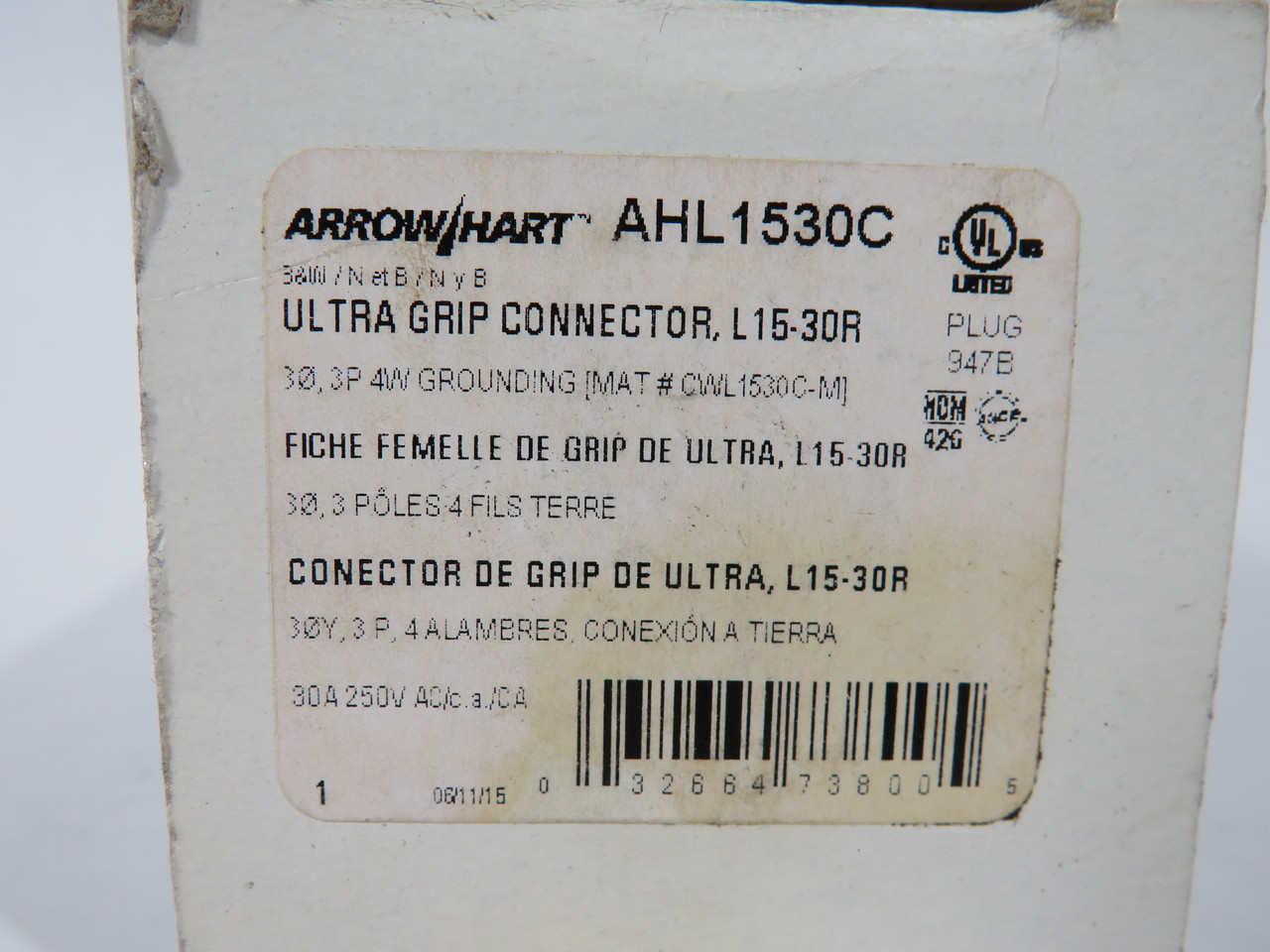 Eaton Arrow Hart AHL1530C Locking Connector 30A 250V 4W 3P L15-30R NEW