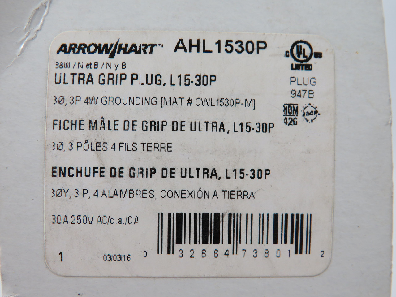 Eaton Arrow Hart AHL1530P Ultra Grip Locking Plug 30A 250V 3P 4W L15-30P NEW