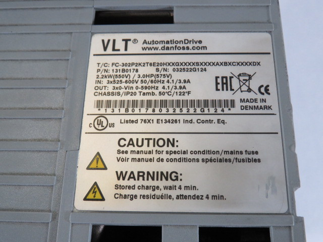 Danfoss 131B0178 AC Motor Drive 3HP 3ph 0-600V 4.1/3.9A 0-590Hz ! AS IS !