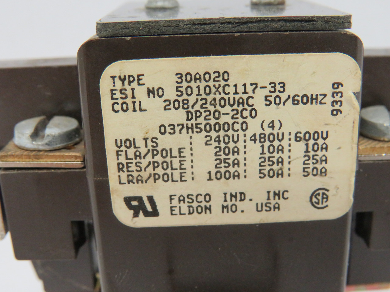 Danfoss DP20-2C0 Definite Purpose Contactor 30A020 208/240VAC 50/60Hz 2P USED