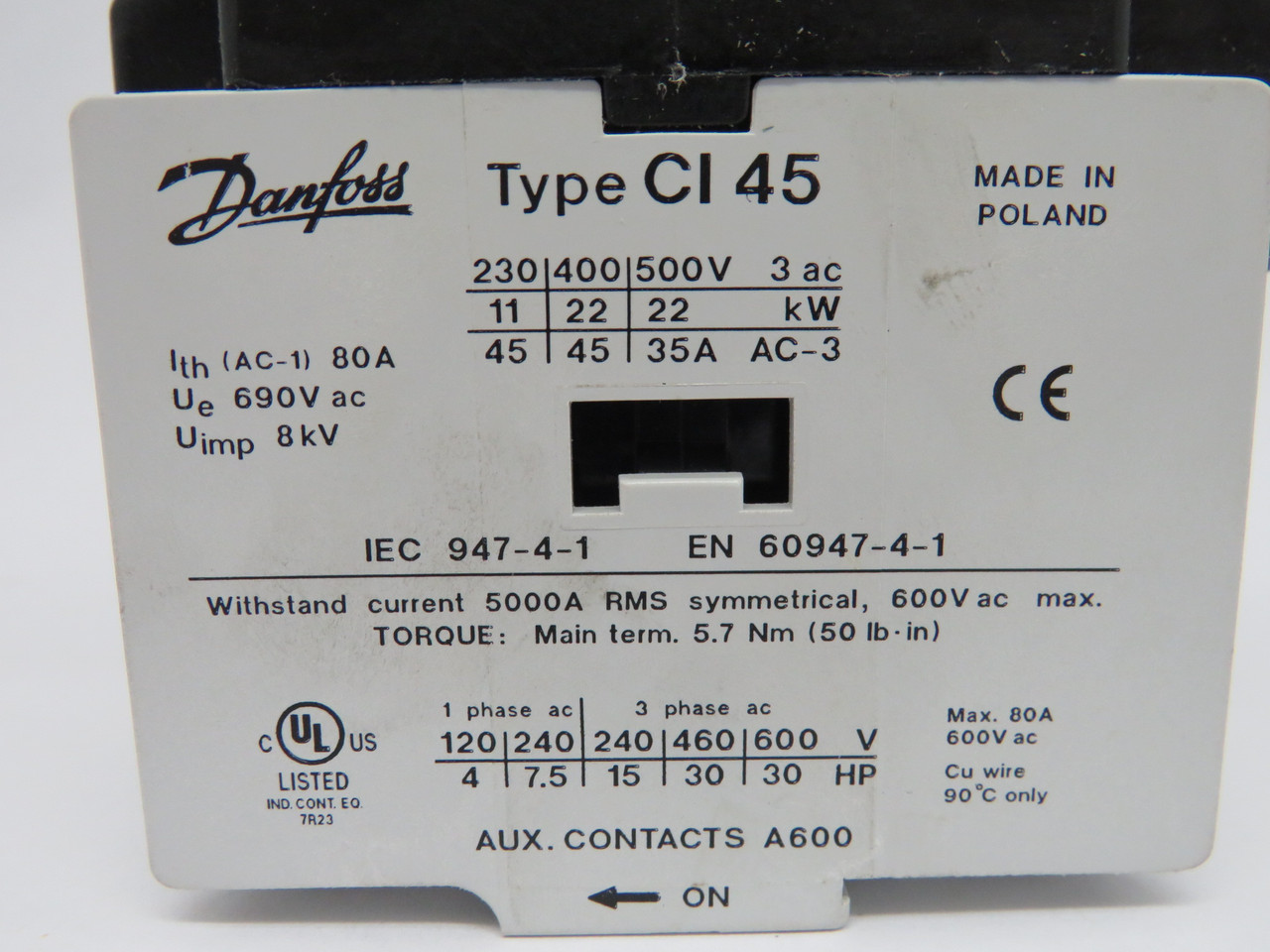 Danfoss 037H0071-94 CI 45 Contactor 500V 50Hz 600V 60Hz 3 Pole SHELF WEAR NOP