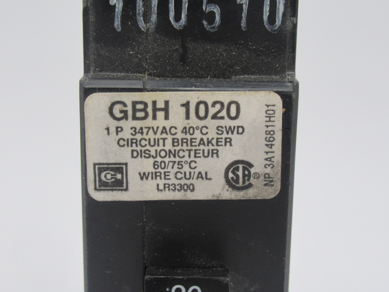 Cutler-Hammer GBH1020 Circuit Breaker 20A 347VAC 1-Pole USED