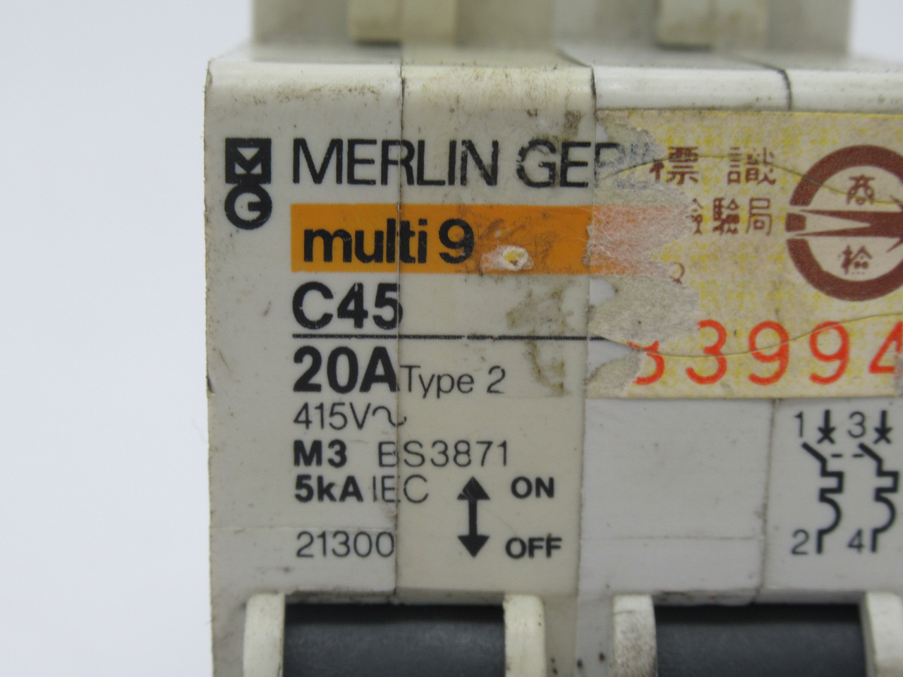 Merlin Gerin 21300 C45 Circuit Breaker 20A 415VAC 2-Pole USED
