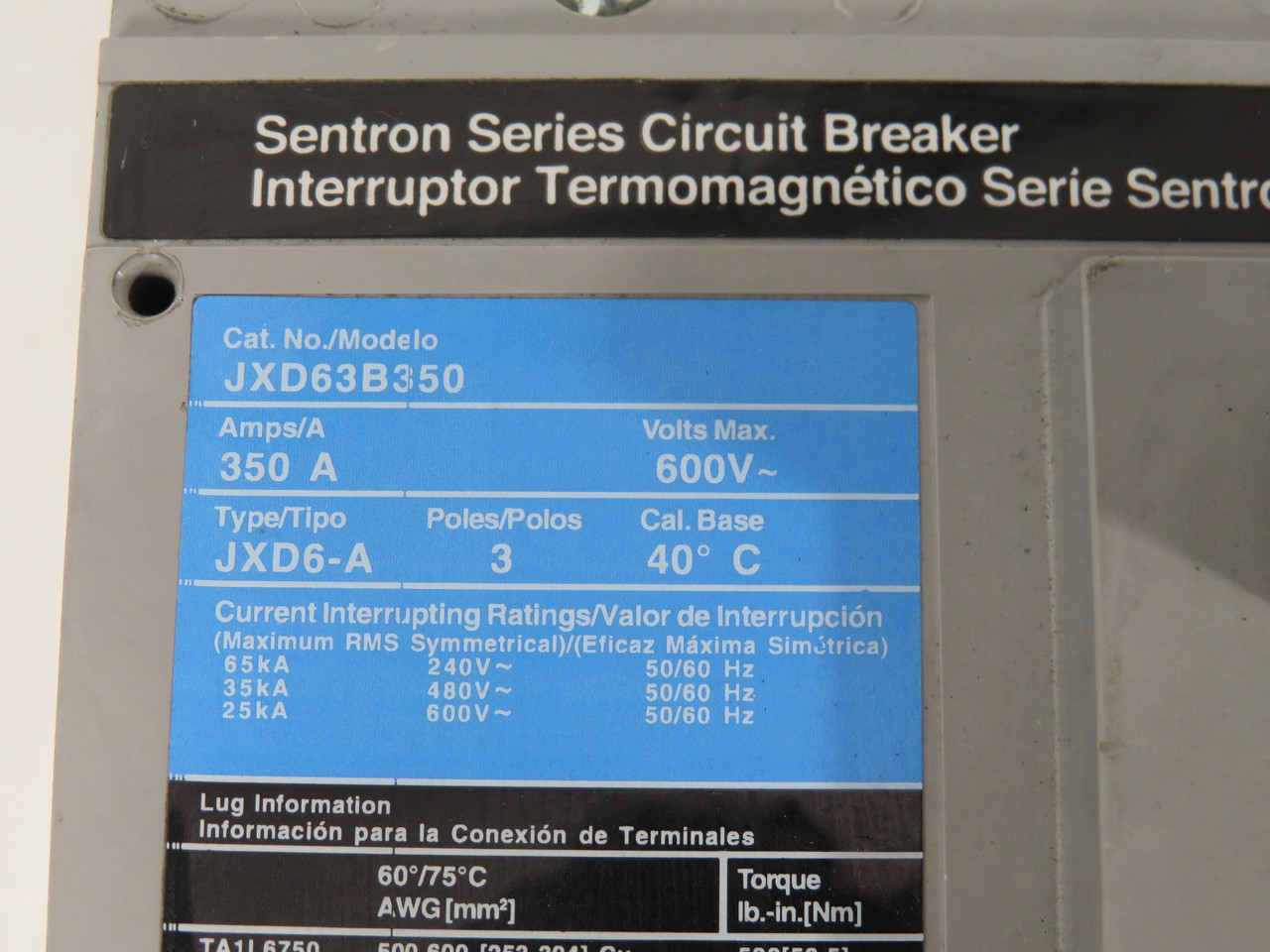 Siemens JXD63B350 Circuit Breaker 350A 600VAC 3-Pole DAMAGED SWITCH HANDLE USED