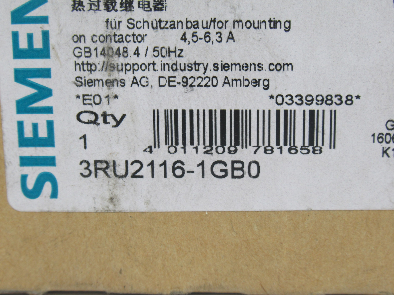 Siemens 3RU2116-1GB0 Overload Relay 4.5-6.3A NEW