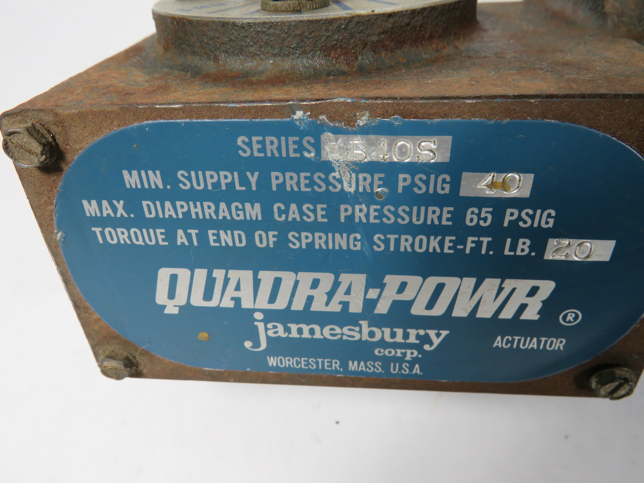 Jamesbury B40S Spring Diaphragm Actuator 40/65 psig 20 ft-lb RUST USED