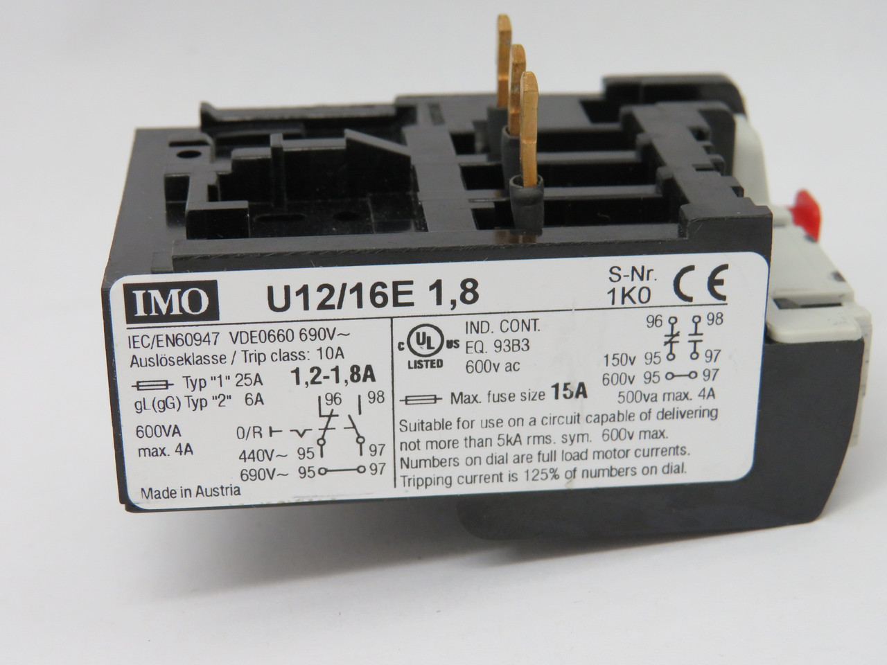 IMO U12/16E1.8 Thermal Overload Relay DOL 1.2-1.8A Y/D 2.1-3.1A SHELF WEAR NOP