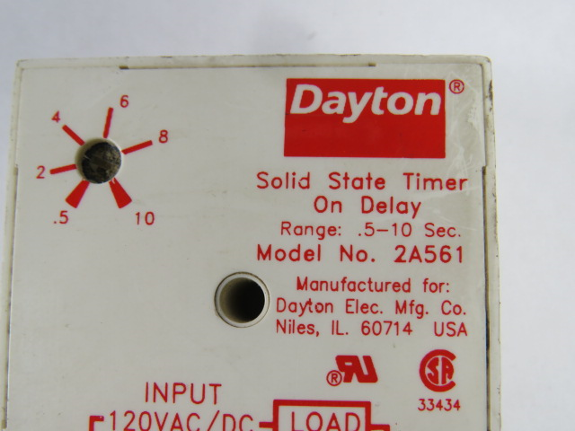 Dayton 2A561 Solid State Timer On Delay .5-10sec 120VAC/DC 1AMP USED