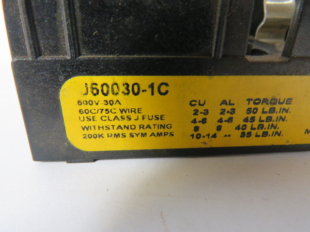 Bussmann J60030-1C Class J Fuse Holder 30A 600V 1Pole USED