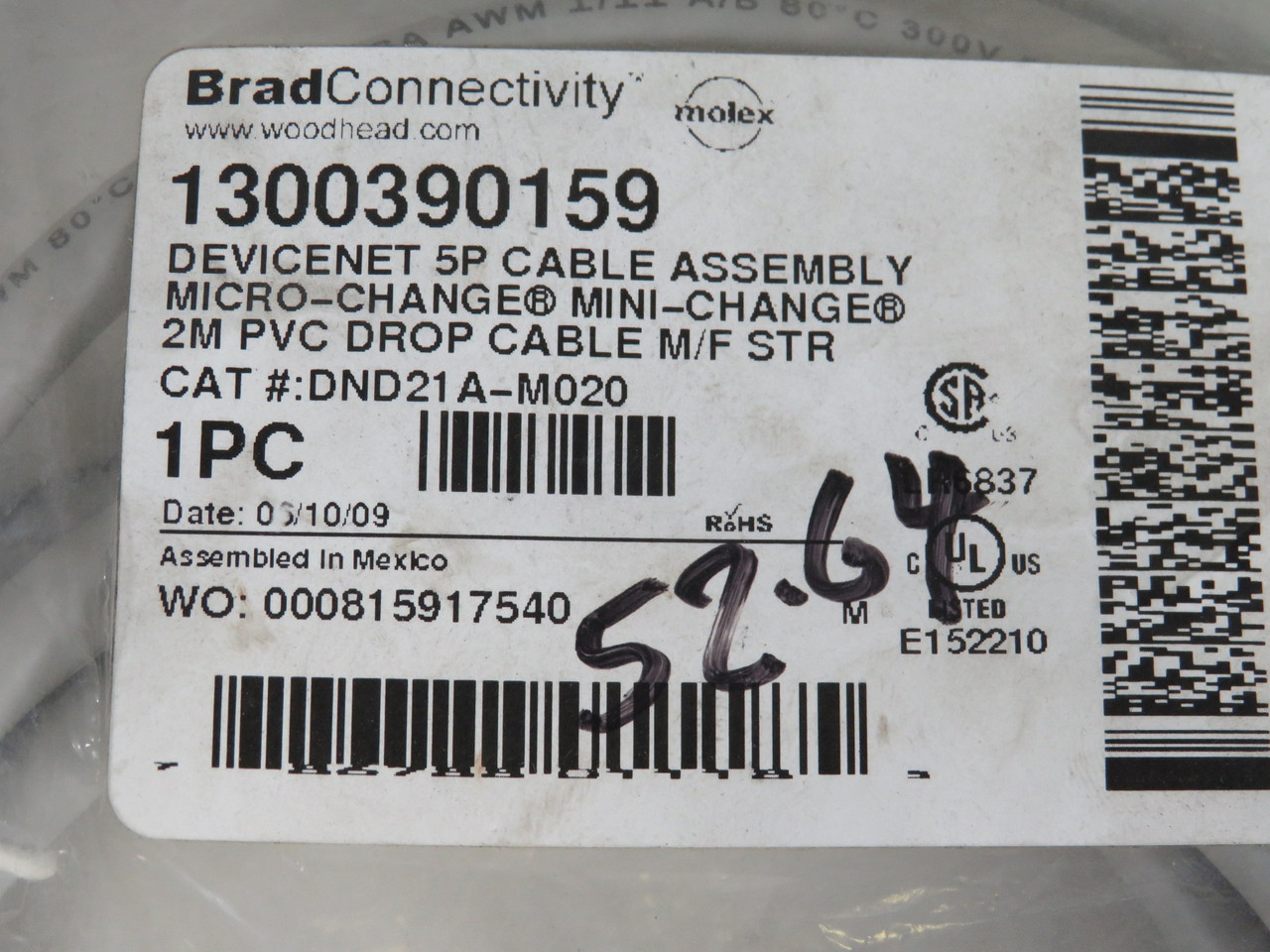 Brad Connectivity 1300390159 DeviceNet Cordset 2M M/F Straight 5P OPEN BAG NWB