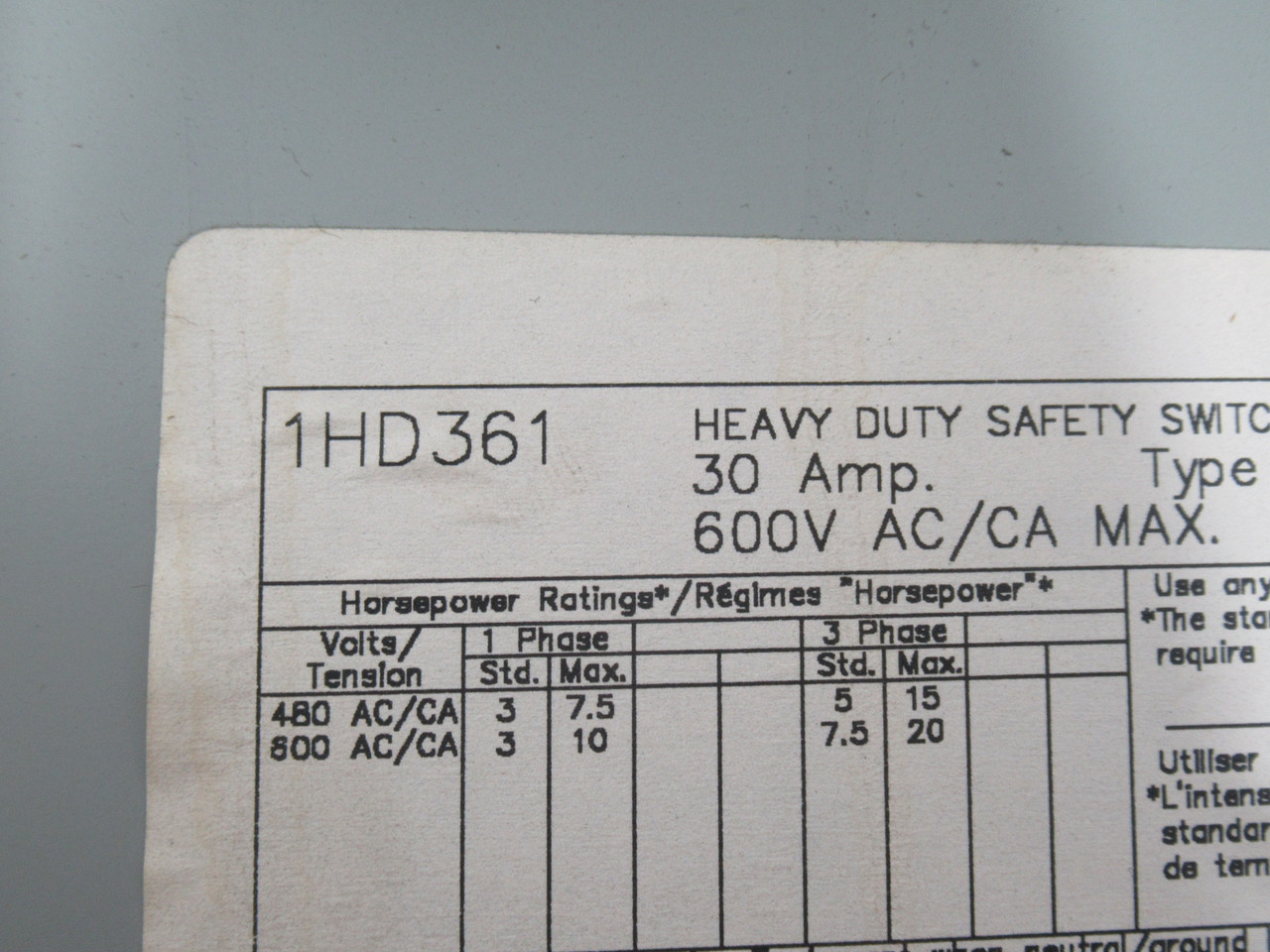Eaton Cutler-Hammer 1HD361 Heavy Duty Safety Switch 30A 600VAC 60Hz 3-Pole USED