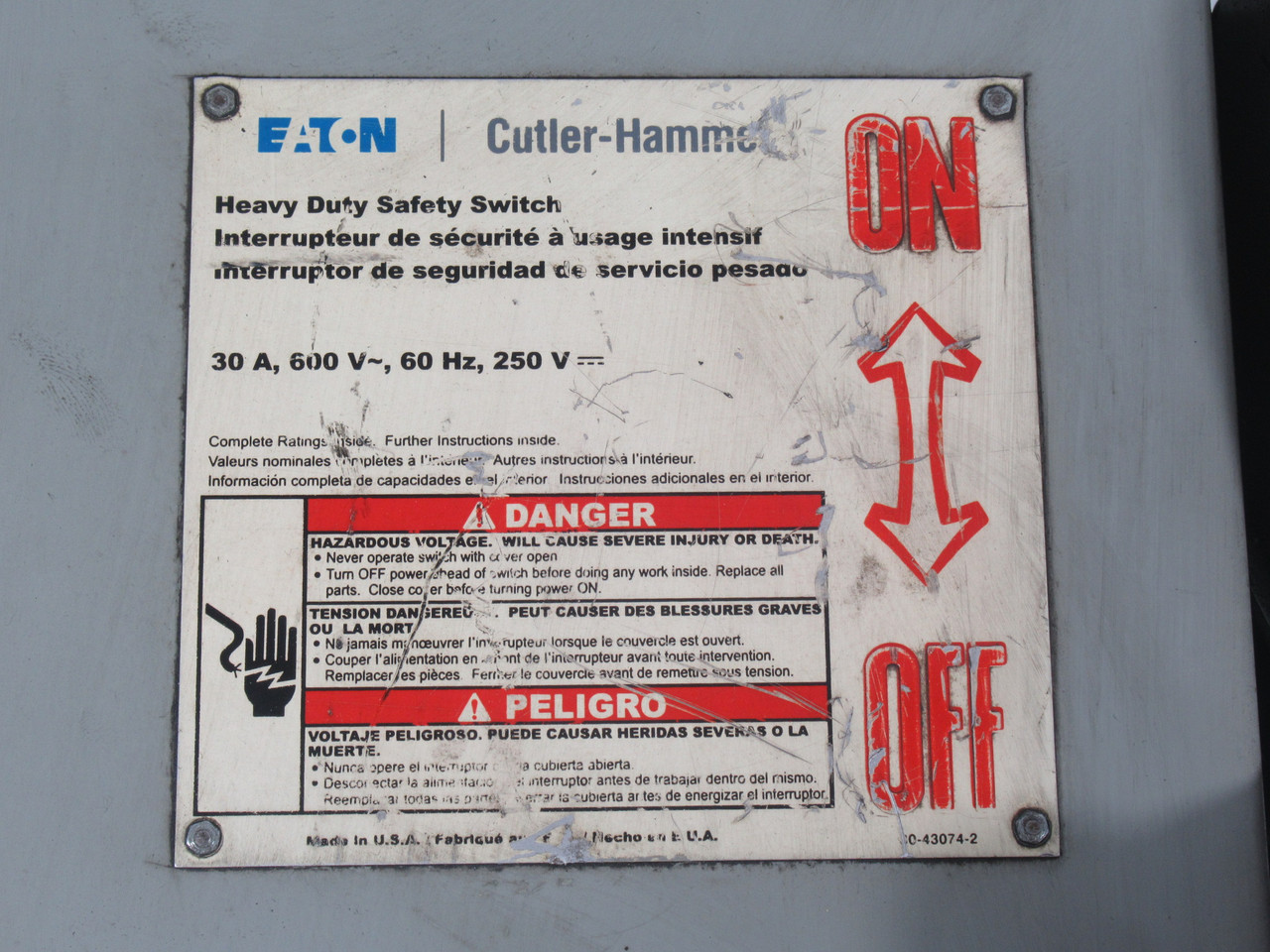 Eaton Cutler-Hammer 1HD361 Heavy Duty Safety Switch 30A 600VAC 60Hz 3-Pole USED