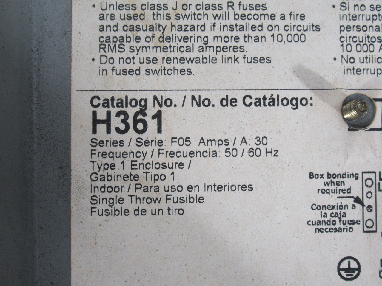 Square D H361 Heavy Duty Fusible Safety Switch 30A 600VAC 3-Pole 50/60Hz USED