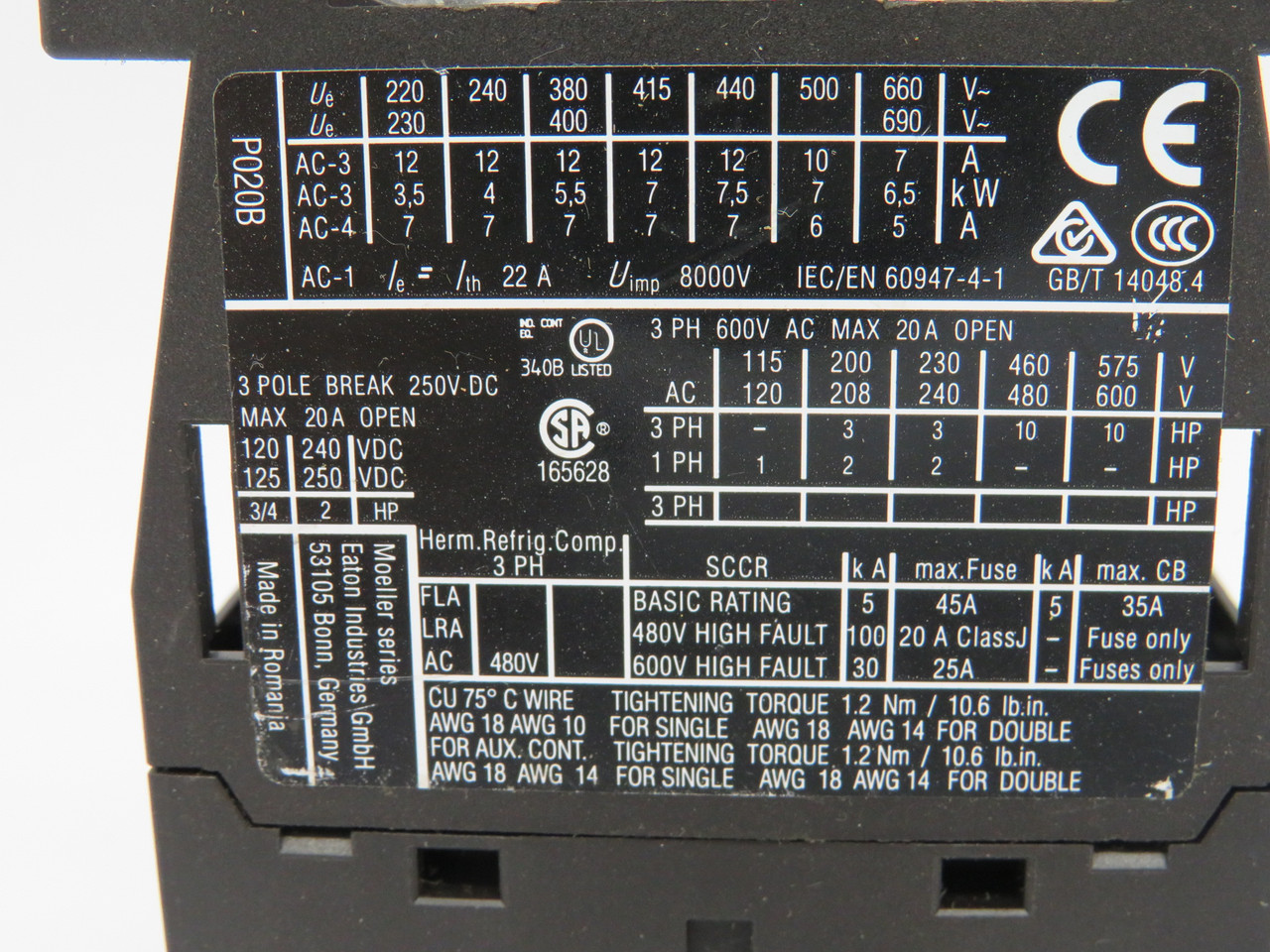 Eaton XTCF020B00A DIL-MP20 Contactor 110V 50Hz 120V 60Hz 20A 4P USED