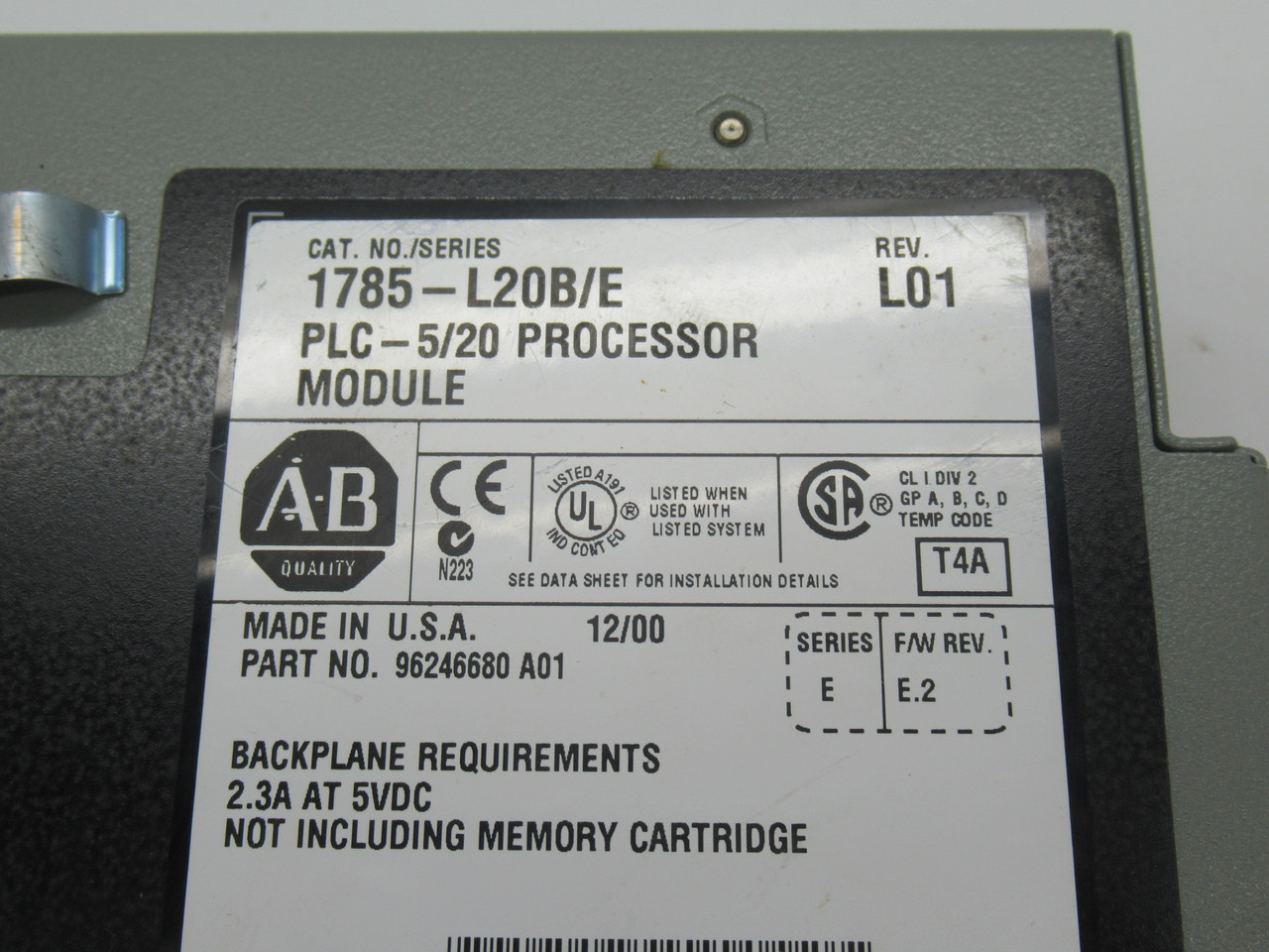 Allen-Bradley 1785-L20B Series E Processor Module 2.3A@5VDC NO KEY USED