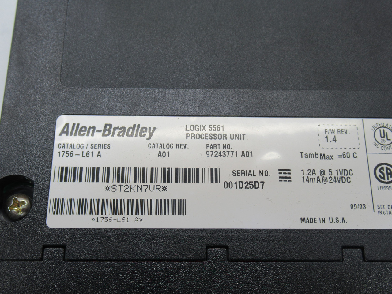 Allen-Bradley 1756-L61 Series A Logix5561 Processor Unit 1.2A 5.1VDC USED