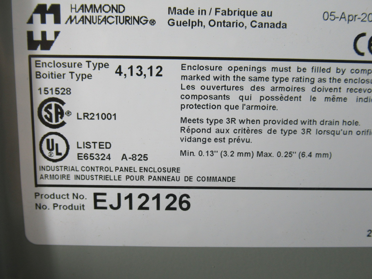 Hammond EJ12126 Steel Junction Box 12x12x6" NEMA 3R 4 12 and 13 BOX DAMAGE NEW