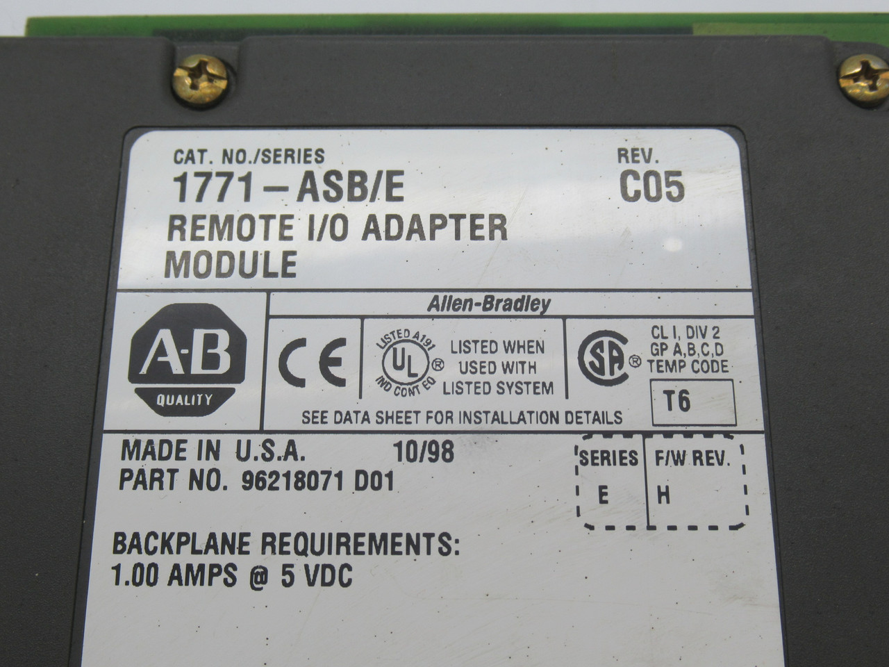 Allen-Bradley 1771-ASB Series E Remote I/O Adapter Module 1A@5VDC USED