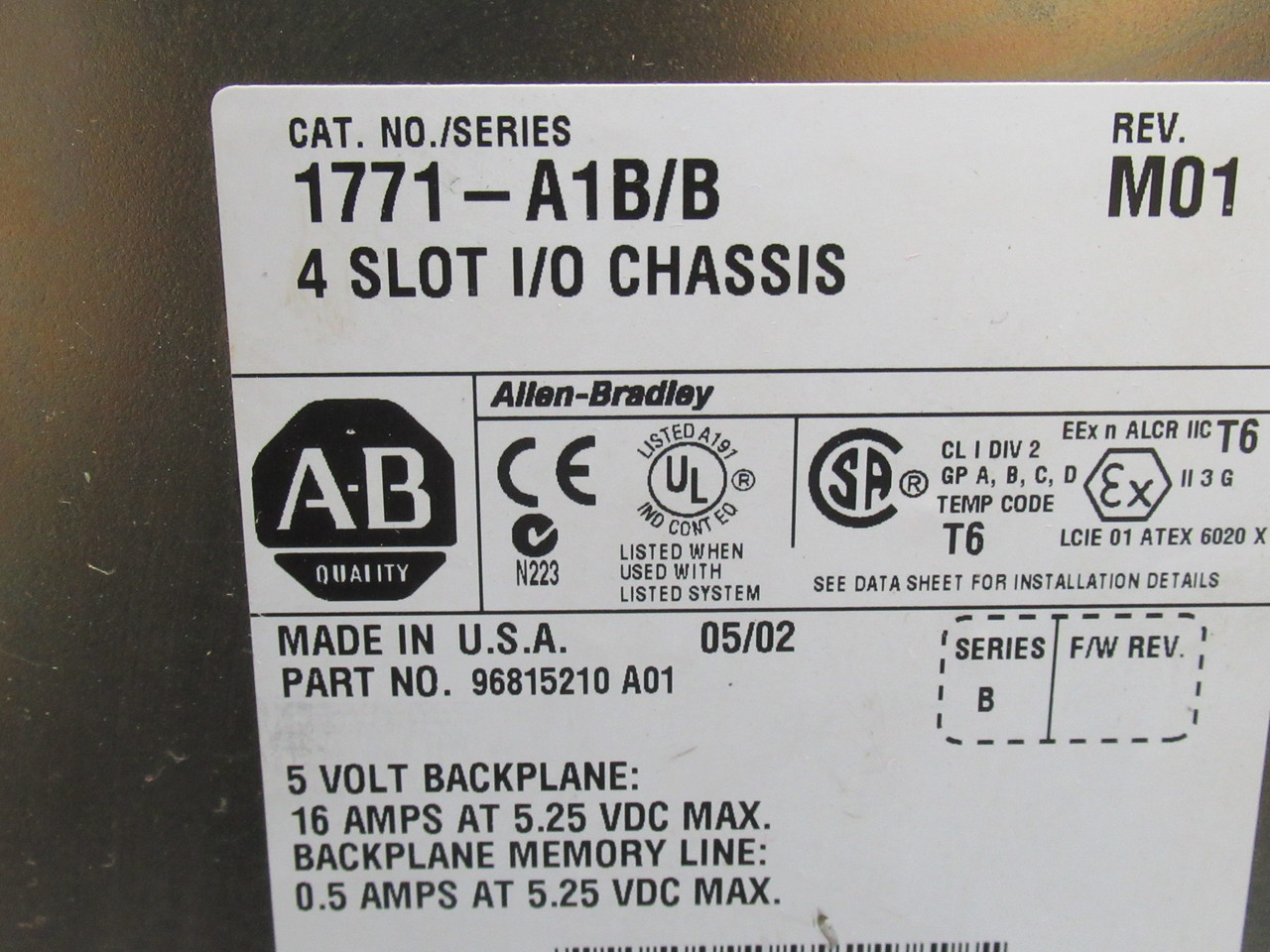 Allen-Bradley 1771-A1B Series B I/O Chassis 4-Slot 5V 16A@5.25VDC USED