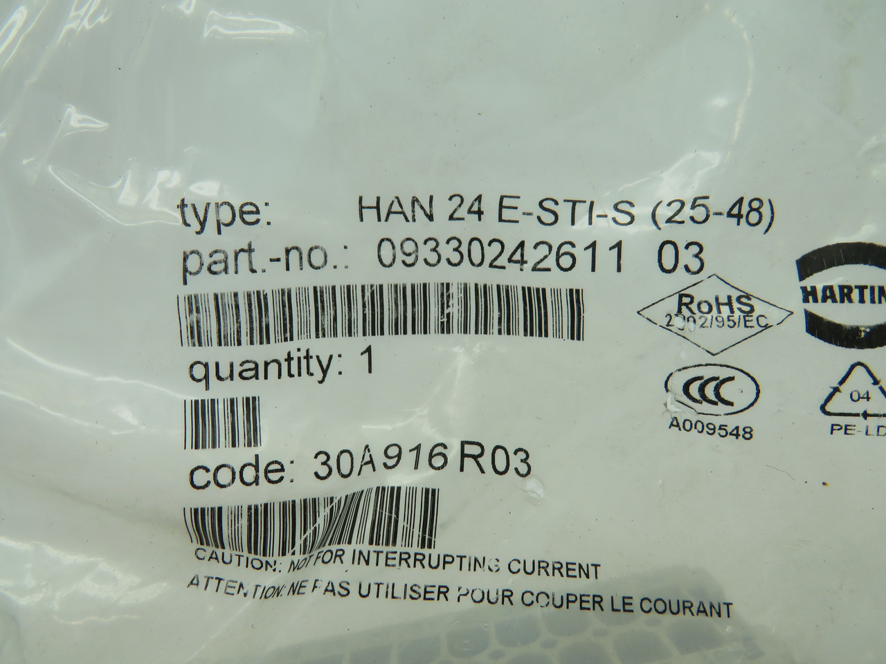 Harting 09330242611 Male Connector 16A Size 48B Contacts 25-48 HOLEY BAG NWB
