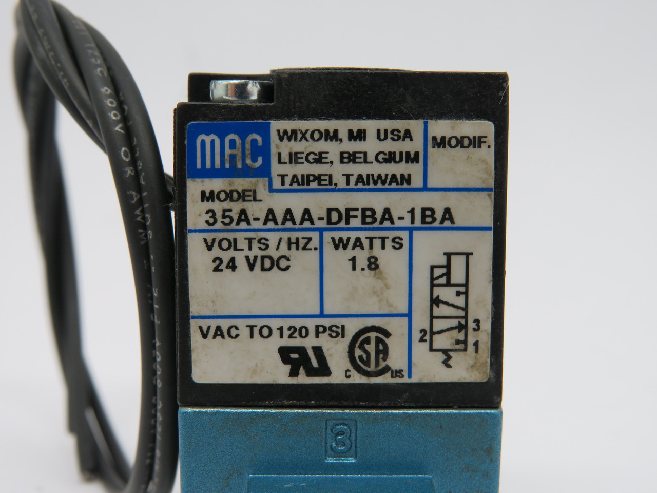 MAC 35A-AAA-DFBA-1BA Solenoid Valve 24VDC Vac to 120 psi 1/8" NPT 1.8W USED