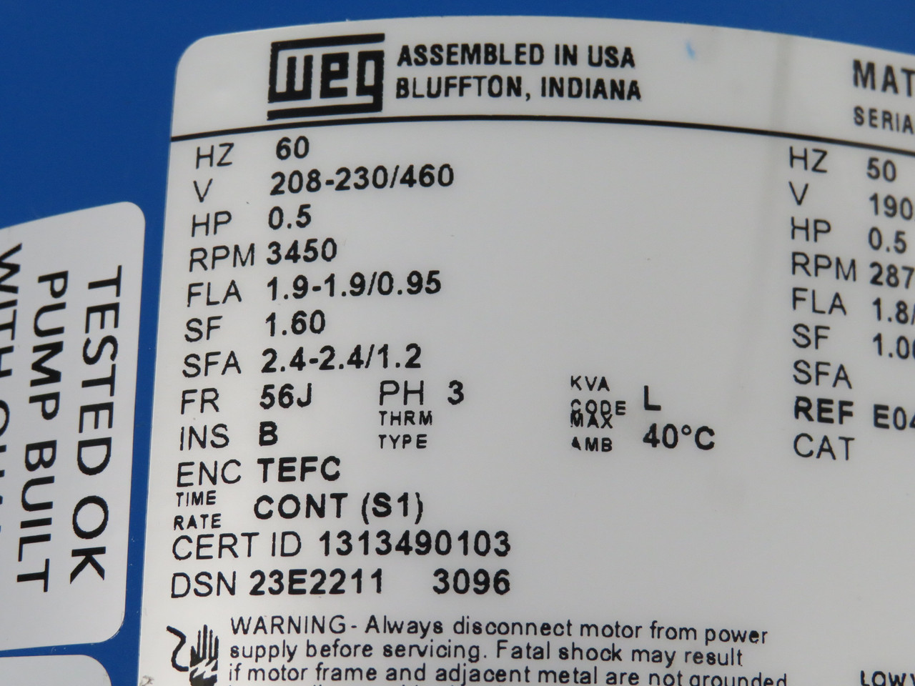 WEG 0.5HP 3450RPM 208-230/460V 56J TEFC 3Ph 2.4-2.4/1.2A 60Hz SHELF WEAR NOP