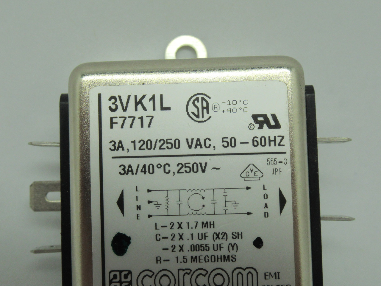 Corcom 3VK1L Power Line Filter 120/250VAC 3A 50-60Hz USED