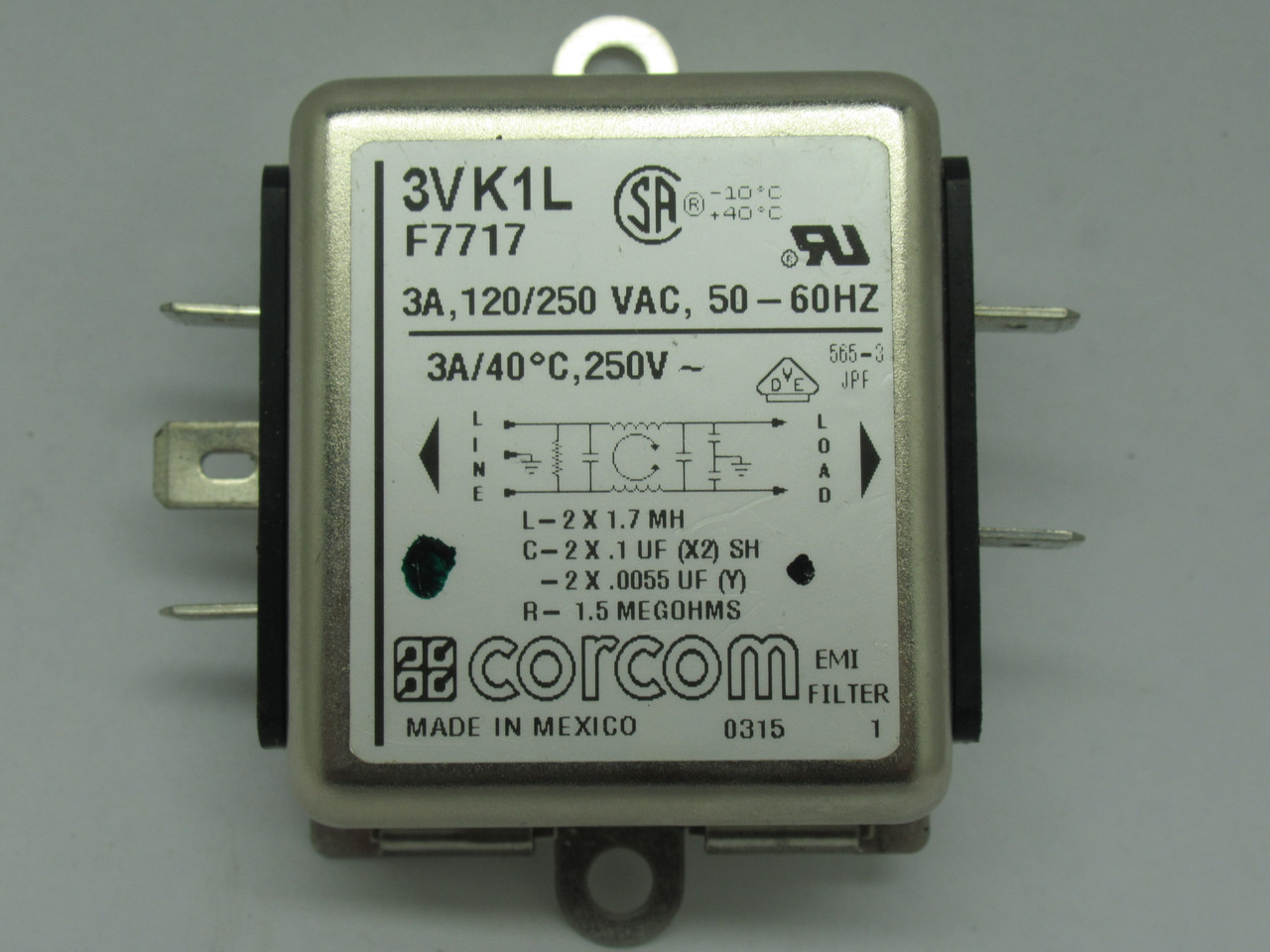 Corcom 3VK1L Power Line Filter 120/250VAC 3A 50-60Hz USED