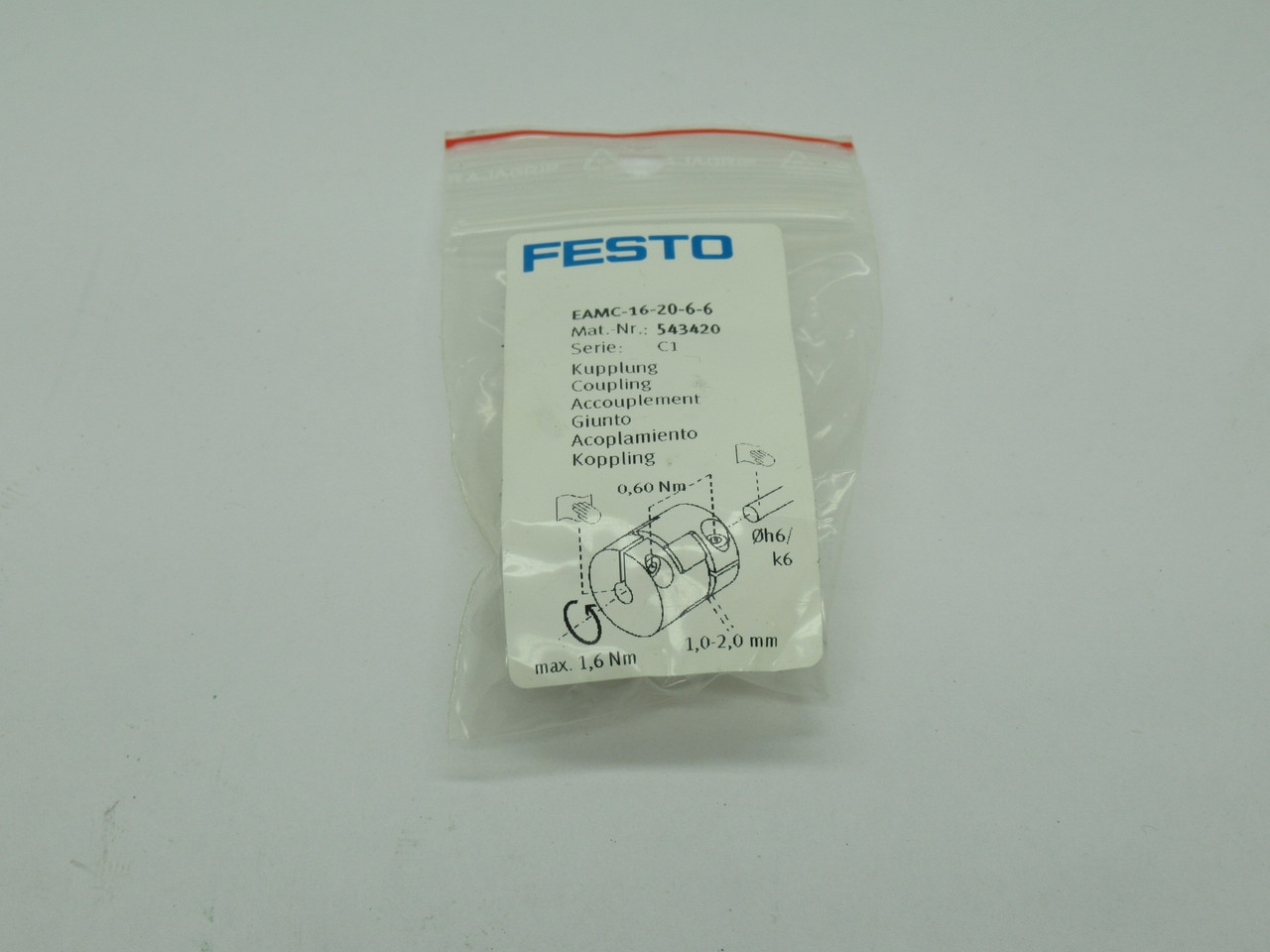 Festo 543420 EAMC-16-20-6-6 Coupling Size 16 6mm Dia. 20mm Length NWB