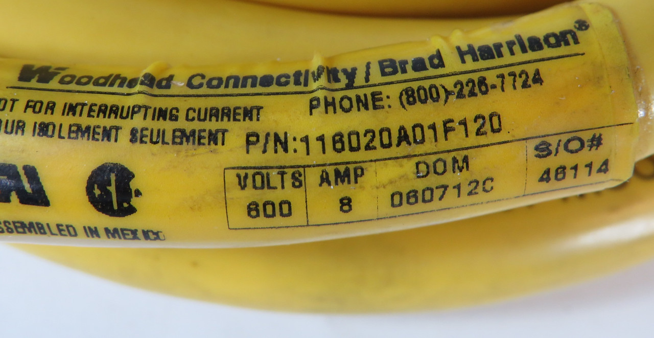 Brad Harrison 116020A01F120 Double Ended Corset 16 AWG 8A 600V 12' USED