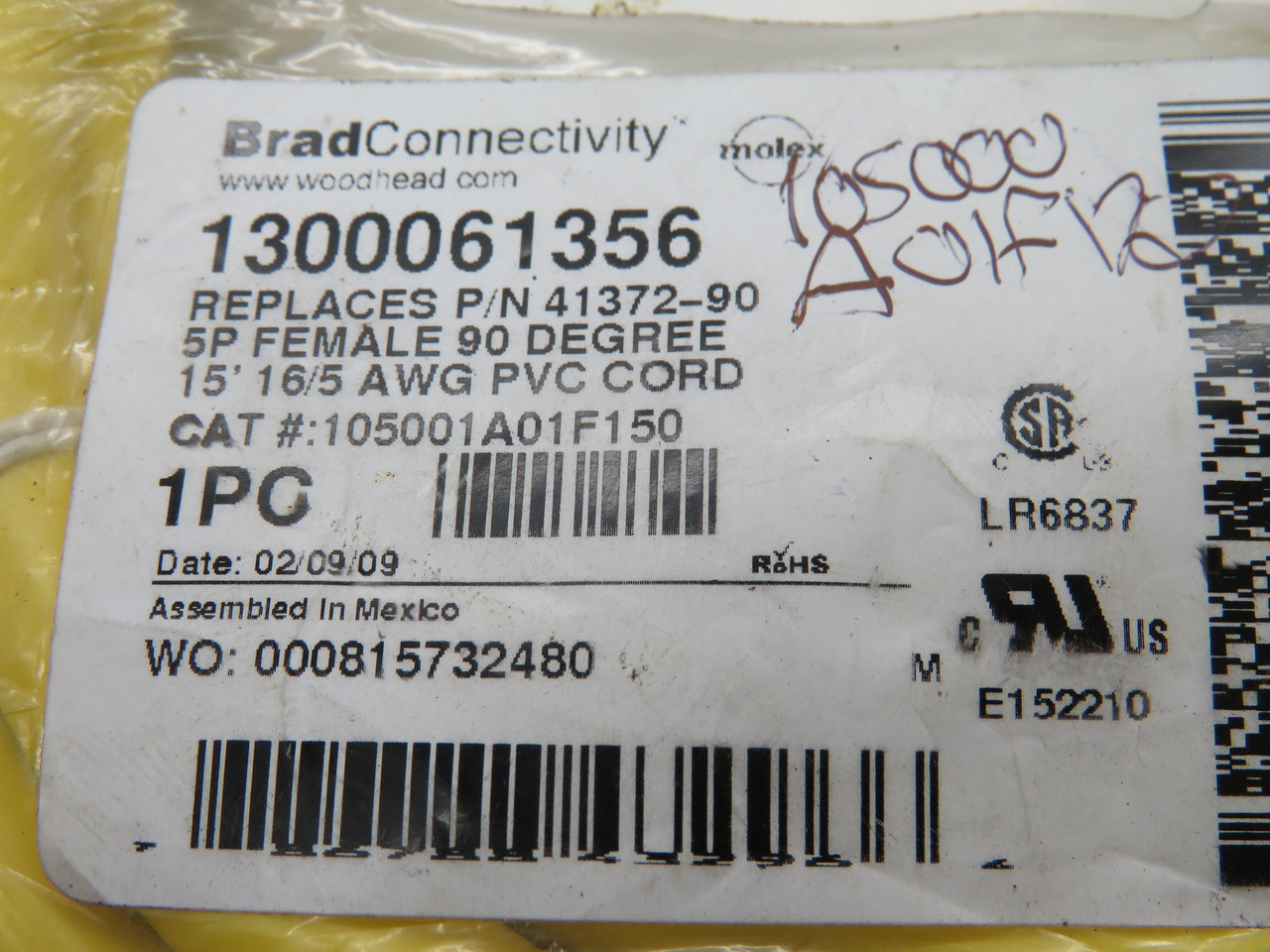 Brad Harrison 1300061356 90 Degree Single Ended Cordset 16/5AWG 15' NWB