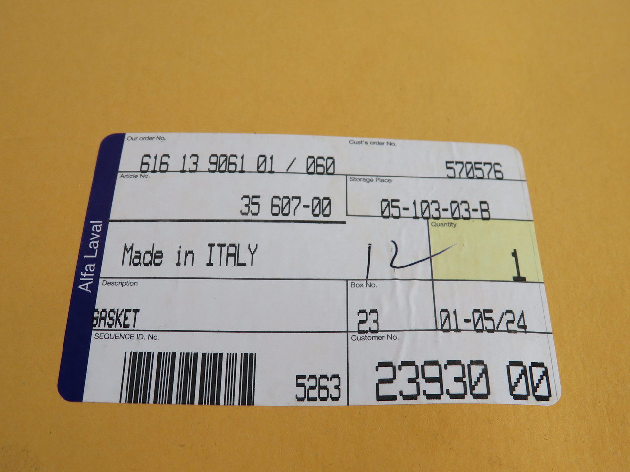 Alfa Laval 35-607-00 616-13-9061-01/060 Gasket SEALED STAINED PACKAGE NEW