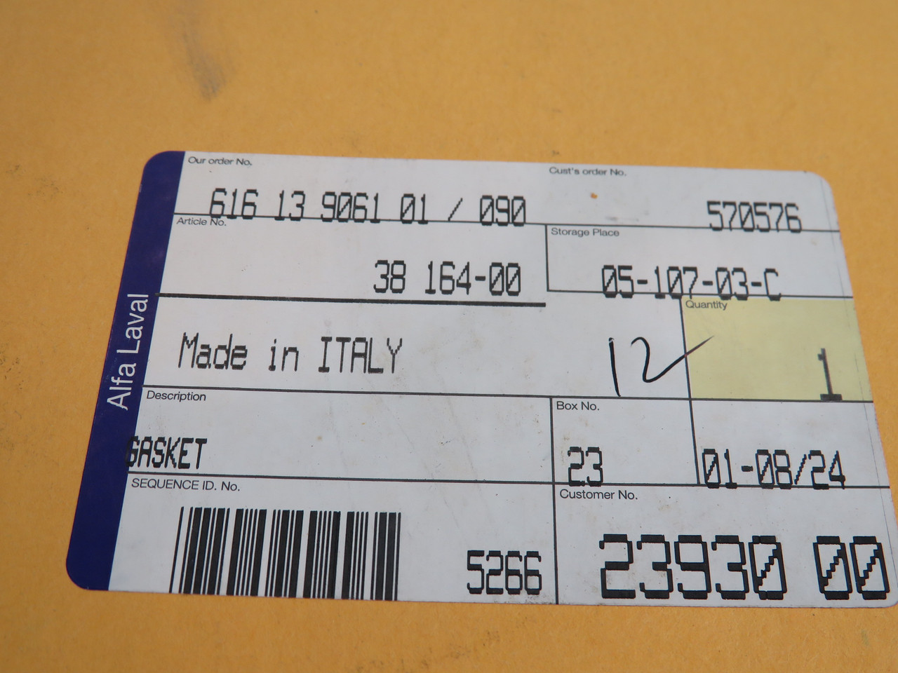 Alfa Laval 38-164-00 616-13-9061-01/090 Gasket SEALED STAINED PACKAGE NEW
