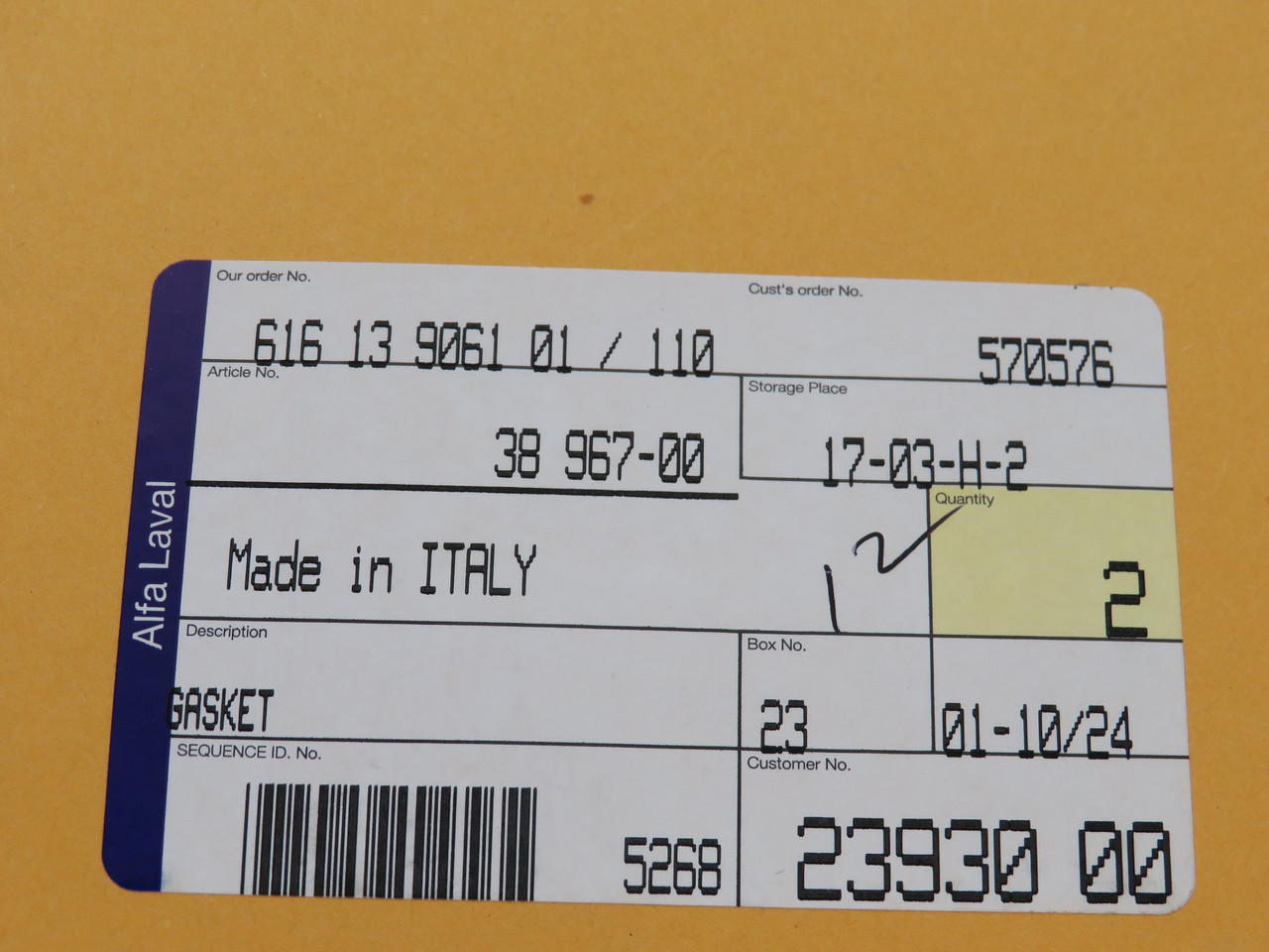 Alfa Laval 38-967-00 616-13-9061-01/110 Replacement Gasket SEALED NEW