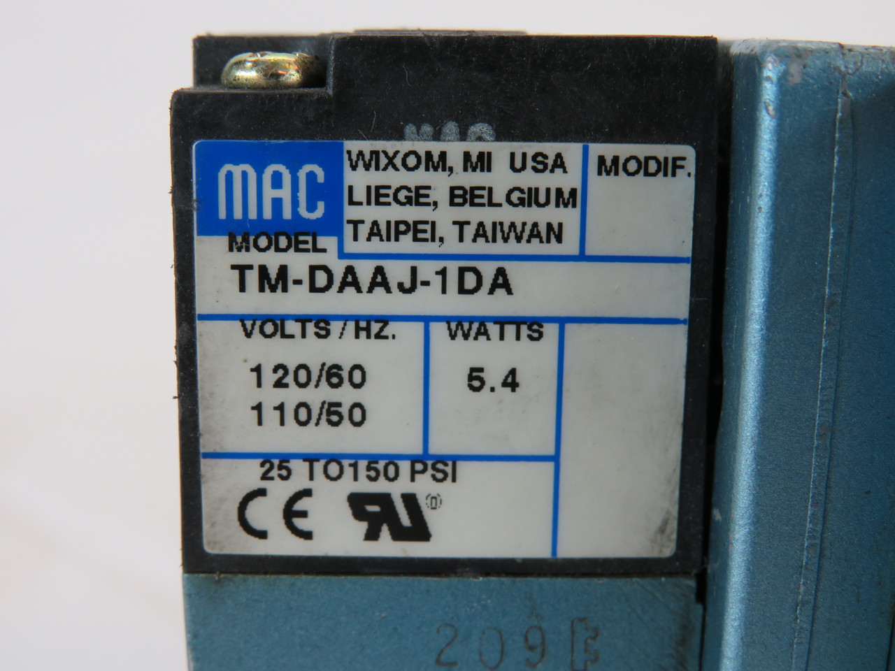 MAC 82A-AC-000-TM-DAAP-1DA Solenoid Valve 110V@50Hz 120V@60Hz NO SEAL USED