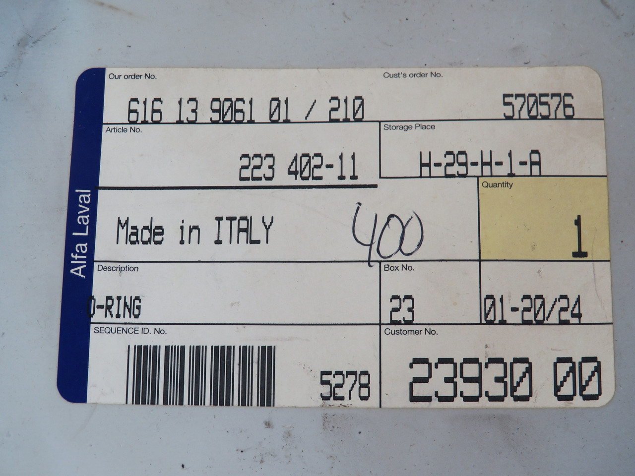 Alfa Laval 223-402-11 616-13-9061-01/210 Replacement O-Ring NWB