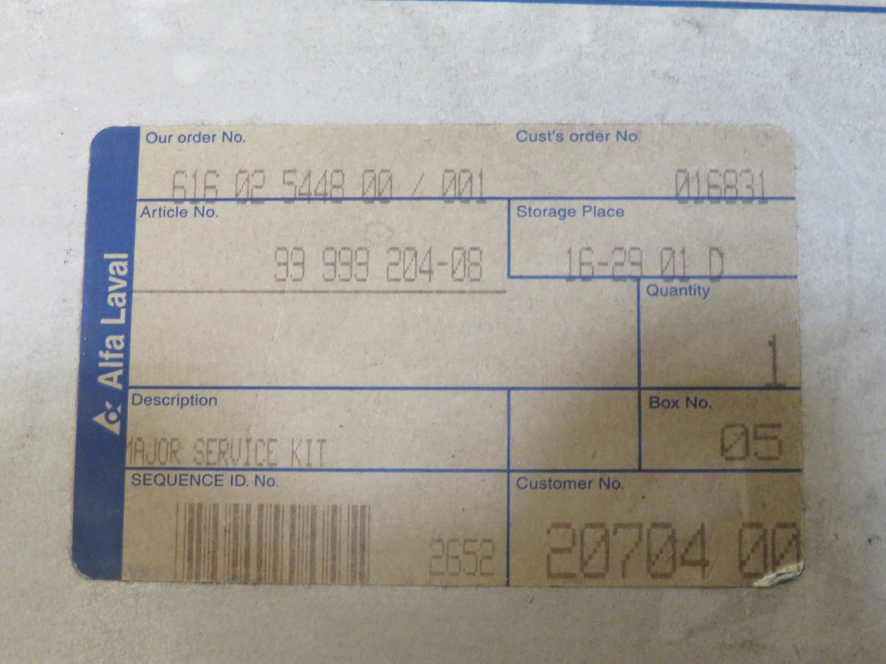 Alfa Laval 99-999-204-08 Service Kit for Pump DAMAGE BOX/MISSING COMPONENTS NEW