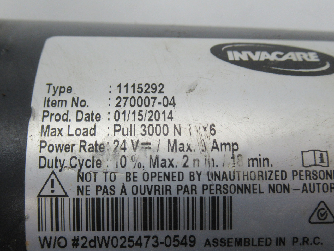 Invacare 270007-04 Motor Actuator 24VDC 3A 3000N USED