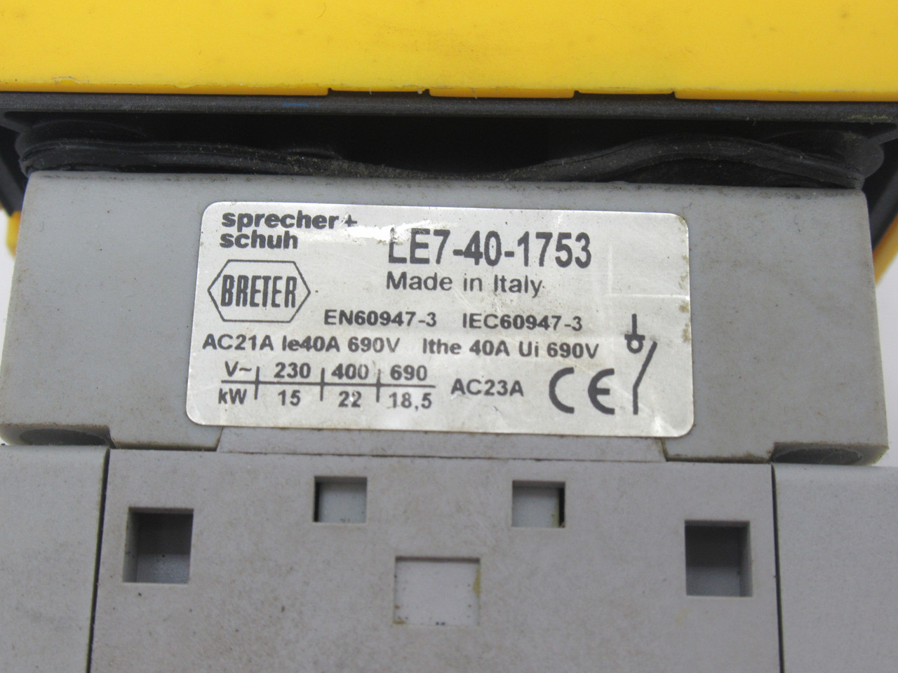 Sprecher + Schuh LE7-40-1753 Motor Disconnect Switch 40A 690V 3-Pole USED