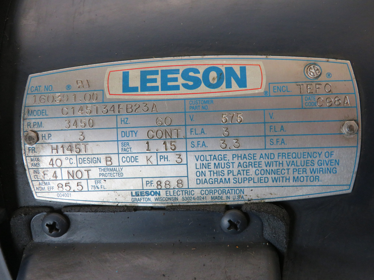Windsor Pump Centrifugal Pump C/W Leeson Motor 3HP 3450rpm COS DMG/RUST USED