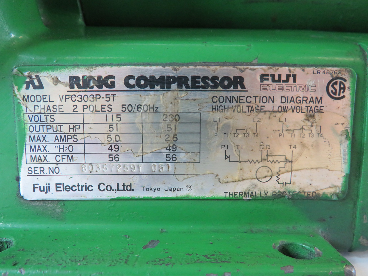Fuji Electric VFC303P-5T Ring Compressor .51HP 115/230V 1Ph NO WIRING BOX USED