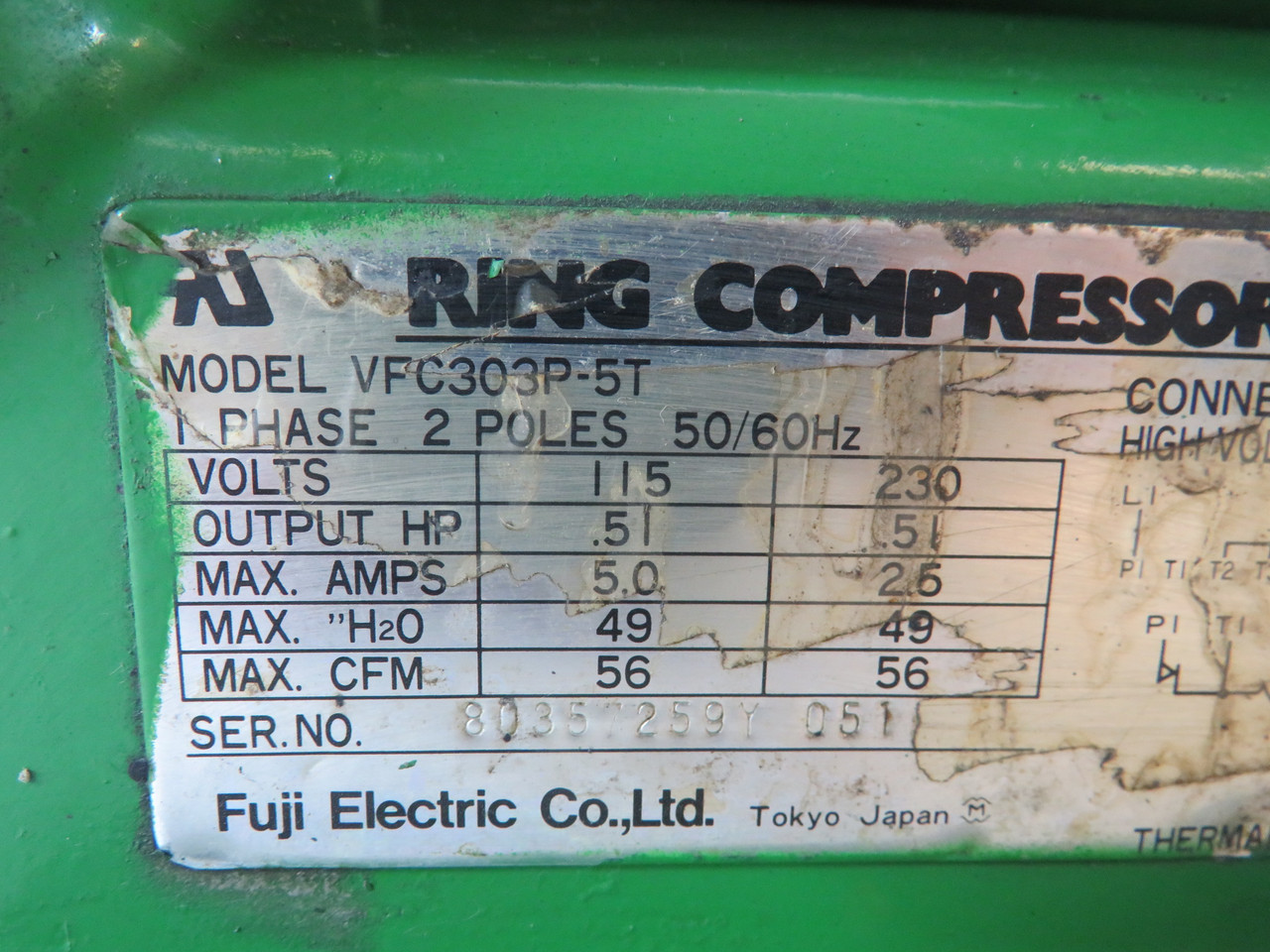 Fuji Electric VFC303P-5T Ring Compressor .51HP 115/230V 1Ph NO WIRING BOX USED