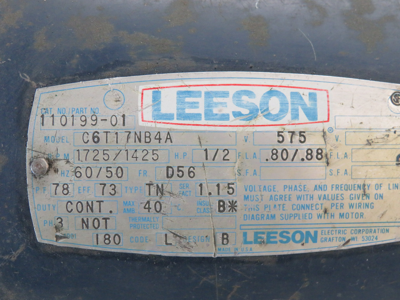 Leeson 1/2HP 1725/1425RPM 575V D56 TN 3Ph 0.80/0.88 FLA SHELF WEAR USED