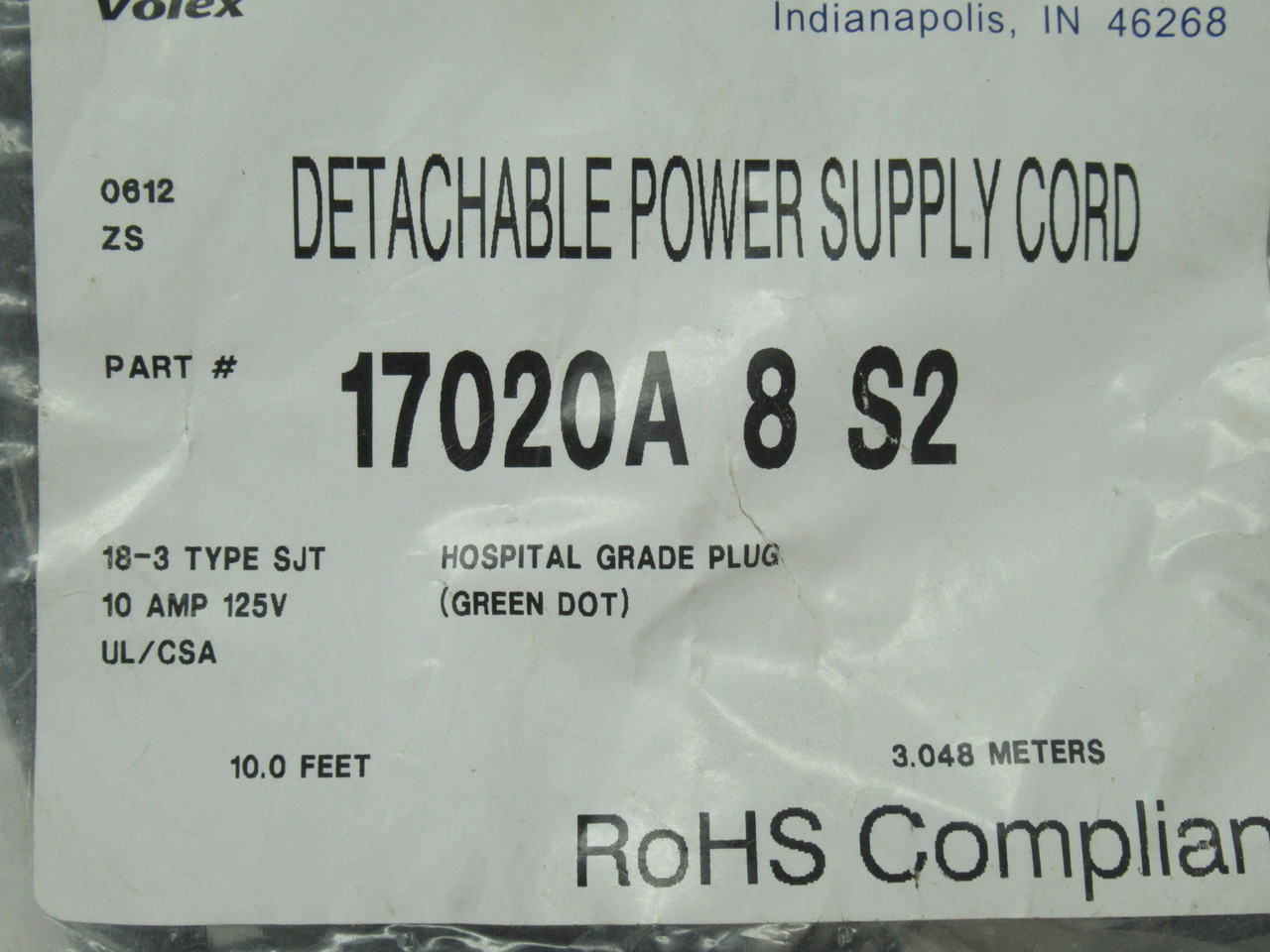 Volex 17020A-8-S2 Detachable Power Supply Cord 125V 10A RIPPED BAG NWB