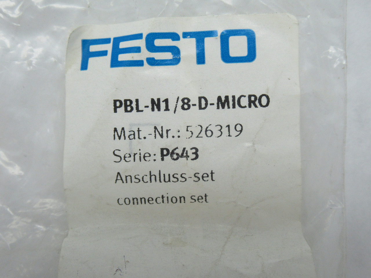 Festo 526319 PBL-N1/8-D-MICRO Connection Set 1/8" NPT RIPPED BAG NWB