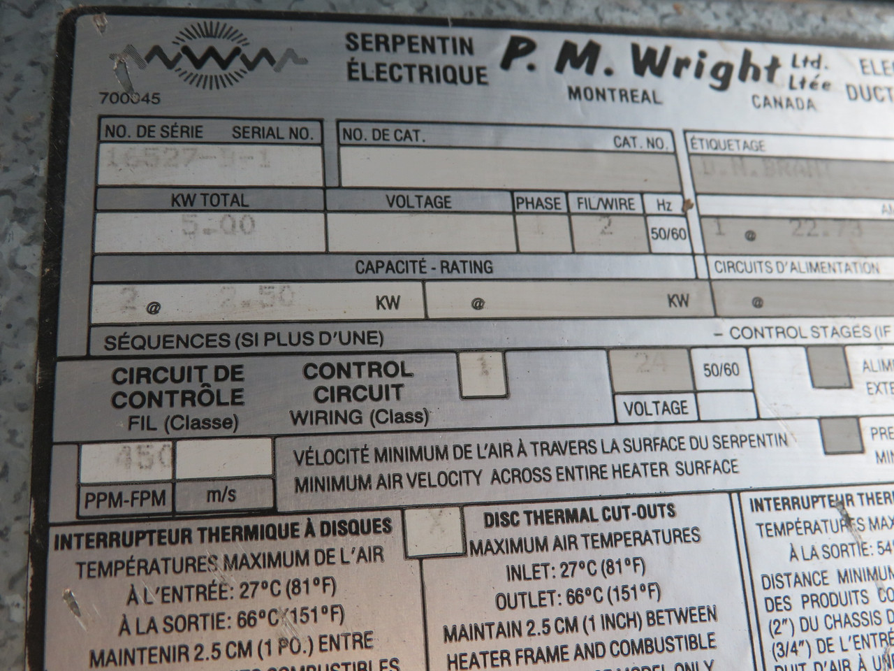 P.M. Wright ID Electric Duct Heater 5kW 24V 1Ph 2W FADED LABEL USED
