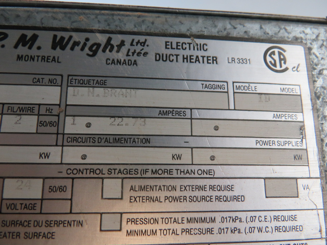 P.M. Wright ID Electric Duct Heater 5kW 24V 1Ph 2W FADED LABEL USED