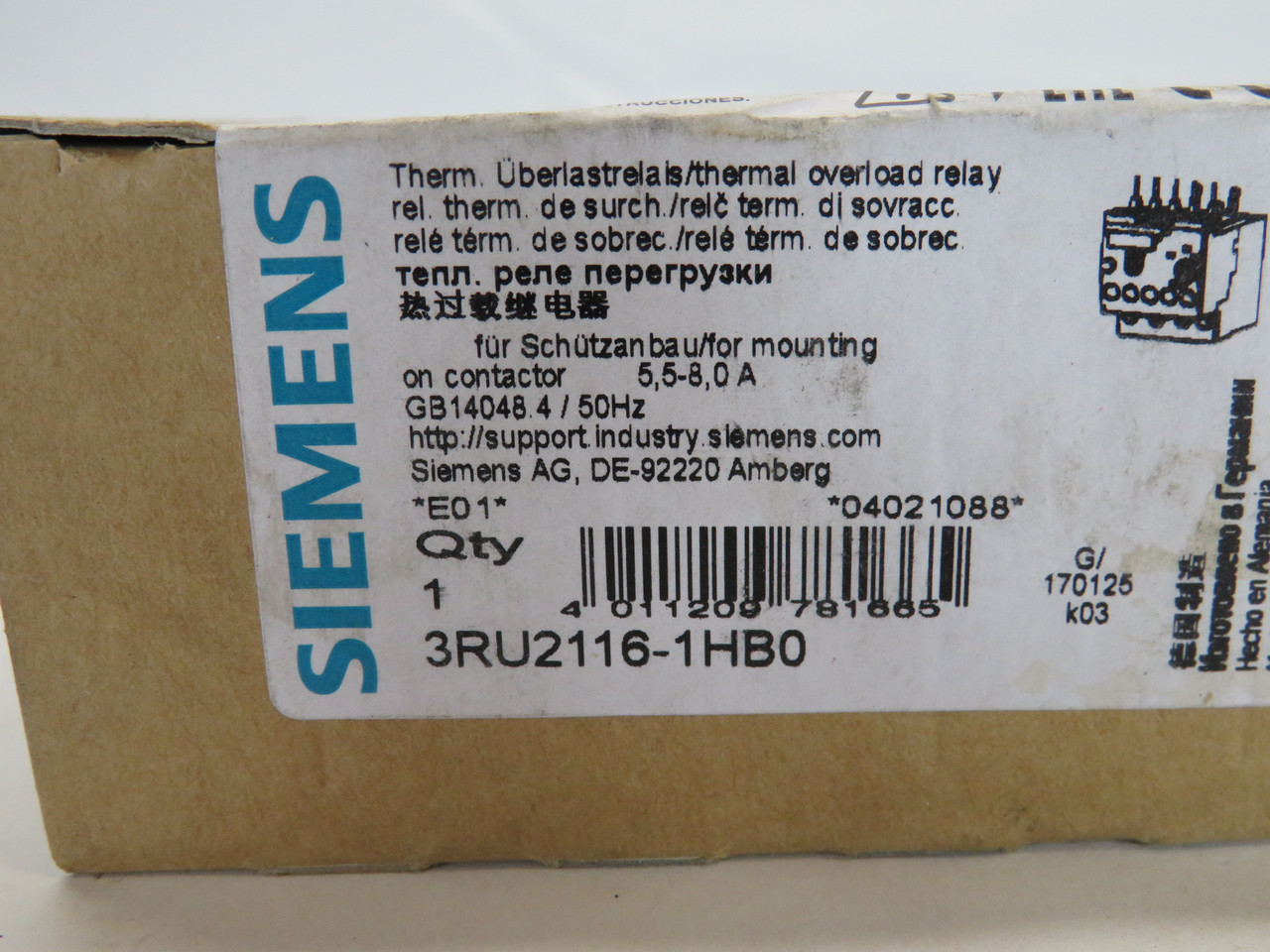 Siemens 3RU2116-1HB0 Overload Relay 5.5-8.0A NEW