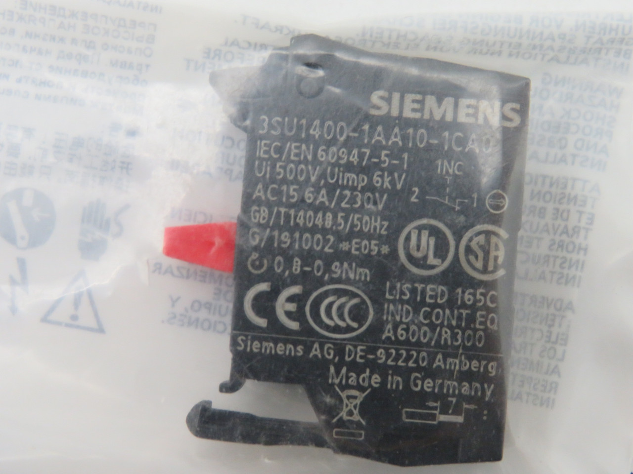 Siemens 3SU1400-1AA10-1CA0 Contact Block 1NC 6A 230V NWB