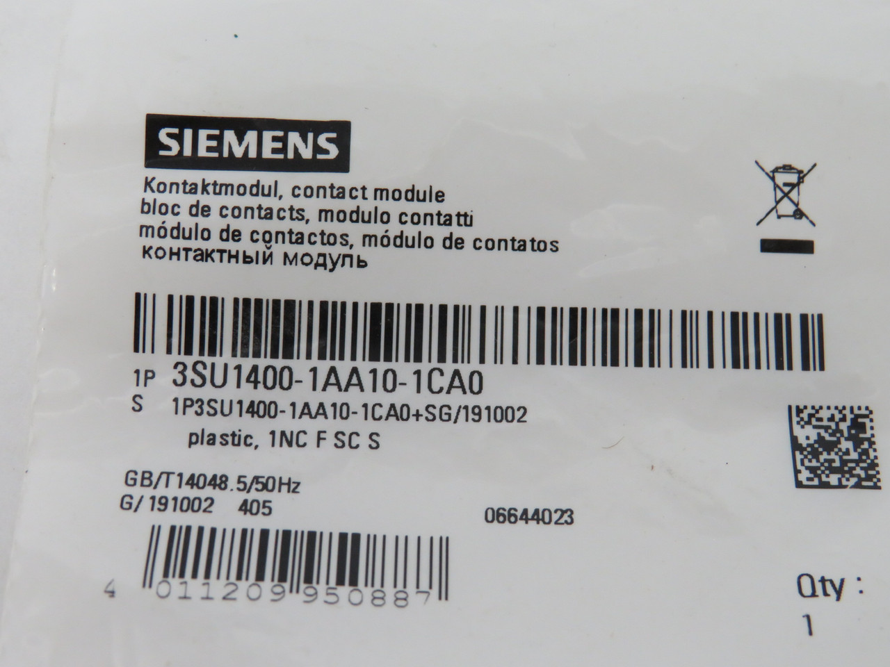 Siemens 3SU1400-1AA10-1CA0 Contact Block 1NC 6A 230V NWB